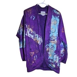 VINTAGE SUNDANCE 1980s Purple jacket coat Size Medium Denim Painted Oversize